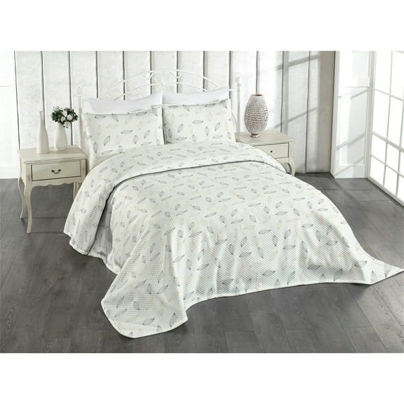 Ambesonne Abstract Quilted Coverlet 3 Pcs, Stripes Lines Leafy Print, King Size, Eggshell Camel and Black
