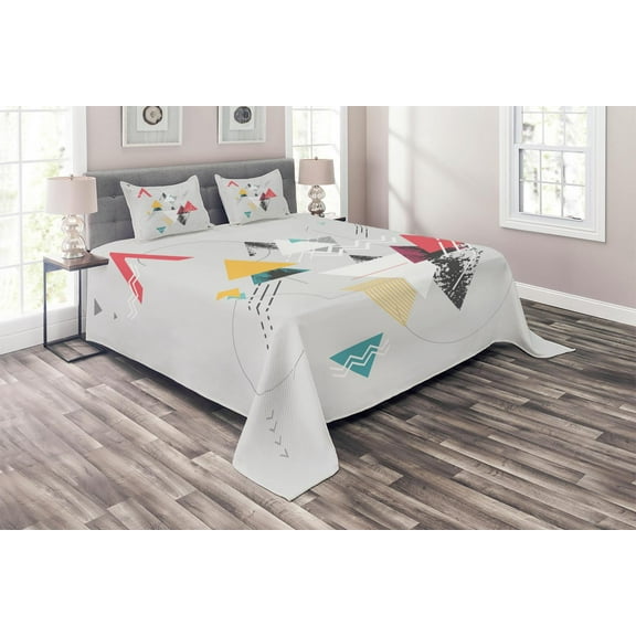 Ambesonne Abstract Quilted Coverlet 3 Pcs, Triangle Geometric, Queen Size, Mustard Pale Grey Teal