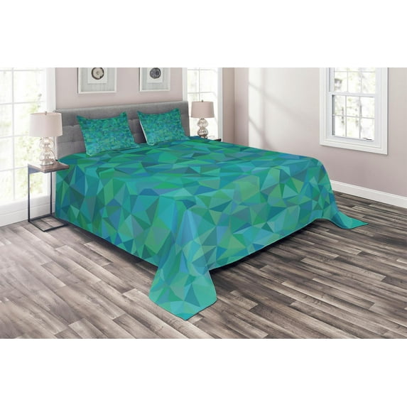 Ambesonne Abstract Quilted Coverlet 3 Pcs, Triangle Mosaic Design, Queen Size, Green Navy