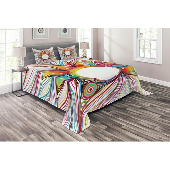 Ambesonne Abstract Quilted Coverlet 3 Pcs, Wavy Flowers Blossoms, Queen Size, Multicolor
