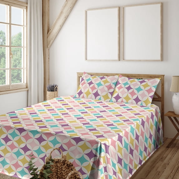 Ambesonne Abstract Retro Fitted & Flat Sheet with Shams 4 Pcs Set, Geometric Shapes Art, King, Off White Multicolor
