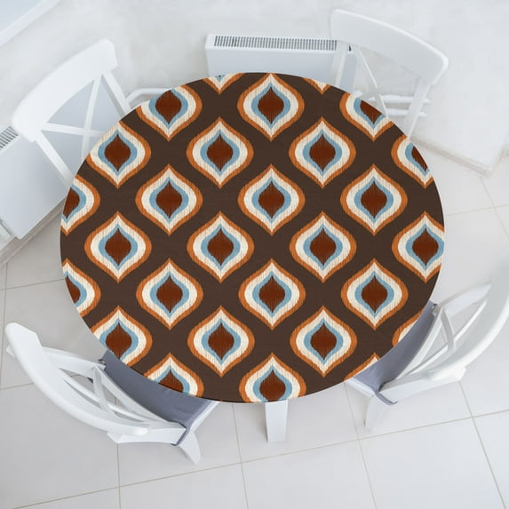Ambesonne Abstract Retro Fitted Round Tablecloth, Vintage Oval Pattern, 40"- 44" Diameter, Brown Amber and Soft Blue