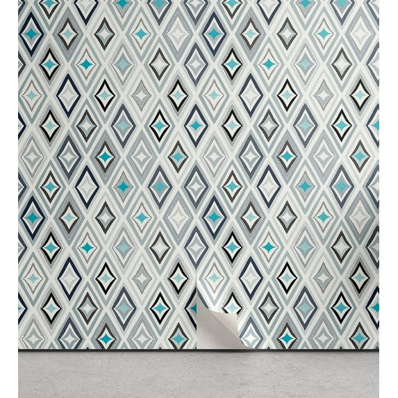 Ambesonne Abstract Retro Peel & Stick Wallpaper for Home, Rhomboid Shape Print, 13"x100", Sea Blue Blue Grey and Black