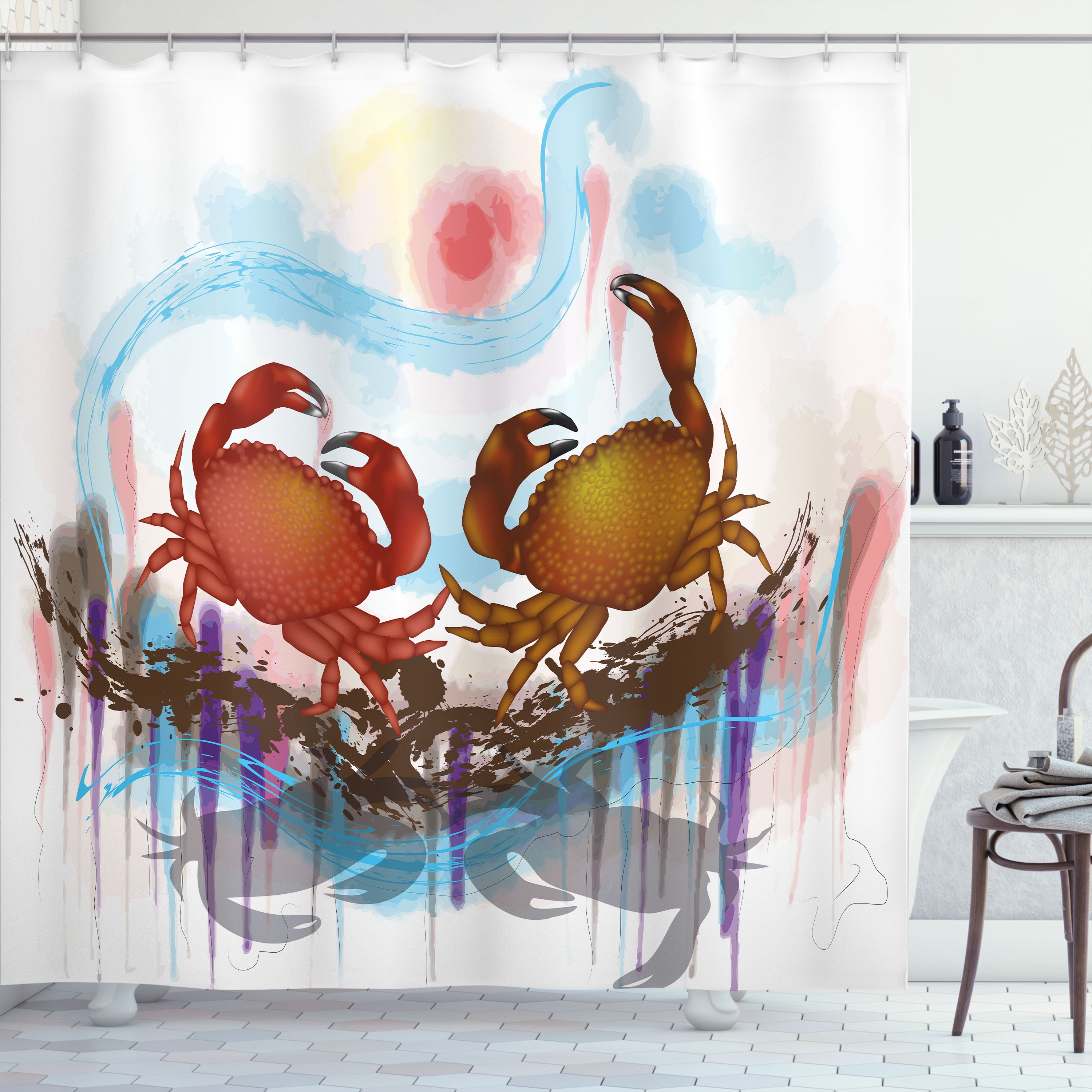 Ambesonne Abstract Shower Curtain, 2 Crabs Dancing Sea, 69"Wx70"L