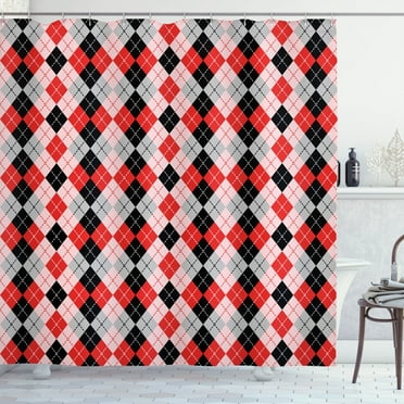 Ambesonne Abstract Shower Curtain, Argyle Motif Stripes Print, 69"Wx70"L, Scarlet Black