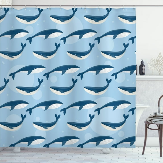 Ambesonne Abstract Shower Curtain, Cartoon Whale Nautical, 69"Wx70"L, Blue White