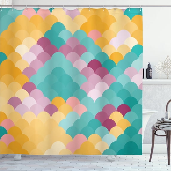 Ambesonne Abstract Shower Curtain, Colorful Retro Waves Print, 69"Wx70"L, Mustard Turquoise