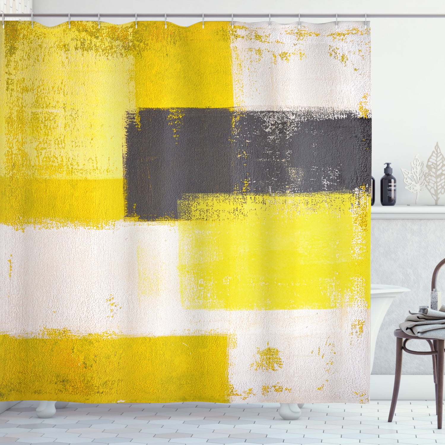 Abstract Yellow and Gray Fabric Blackout Shower Curtain