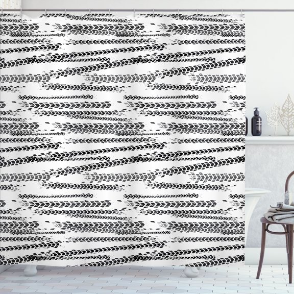 Ambesonne Abstract Shower Curtain, Grunge Theme Tire Tracks, 69"Wx70"L, White and Charcoal Grey