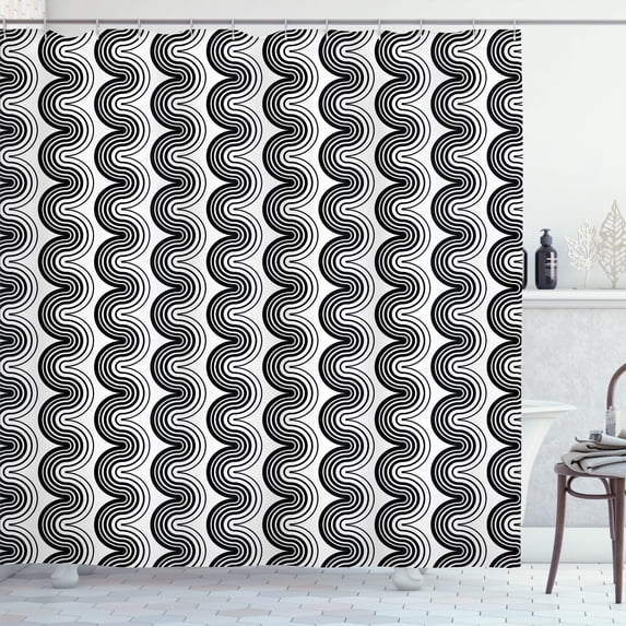 Ambesonne Abstract Shower Curtain, Modern Wavy Retro Groovy, 69"Wx84"L, Charcoal Grey and White