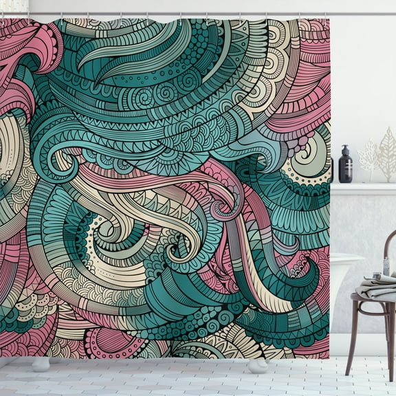 Ambesonne Abstract Shower Curtain, Paisley Pattern Swirled, 69"Wx75"L, Teal Pink