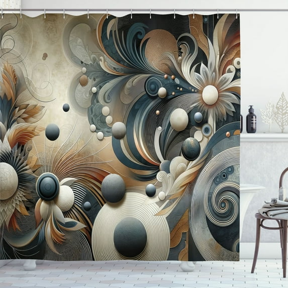Ambesonne Abstract Shower Curtain, Surreal Swirling Posh Art, 69"Wx70"L, Dark Slate Blue and Tan