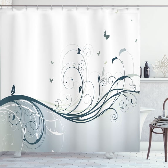 Ambesonne Abstract Shower Curtain, Victorian Curvy Lines Art, 69"Wx70"L, Grey Teal