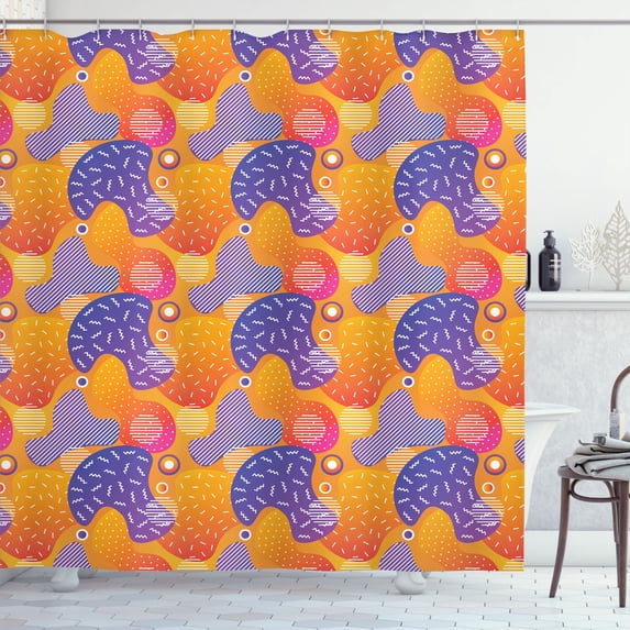 Ambesonne Abstract Shower Curtain, Zigzags Retro Memphis Art, 69"Wx70"L, Dark Orange and Blue Violet