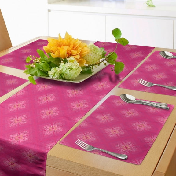 Ambesonne Abstract Surreal Table Runner & Placemats, Thai Ornate Motifs, Placemat 4 pcs + Runner 12"x72", Hot Pink