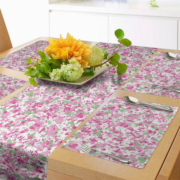 Ambesonne Abstract Table Runner & Placemats, 80's Funky Jumble Strokes, Placemat 4 pcs + Runner 14"x72", Pink Green White
