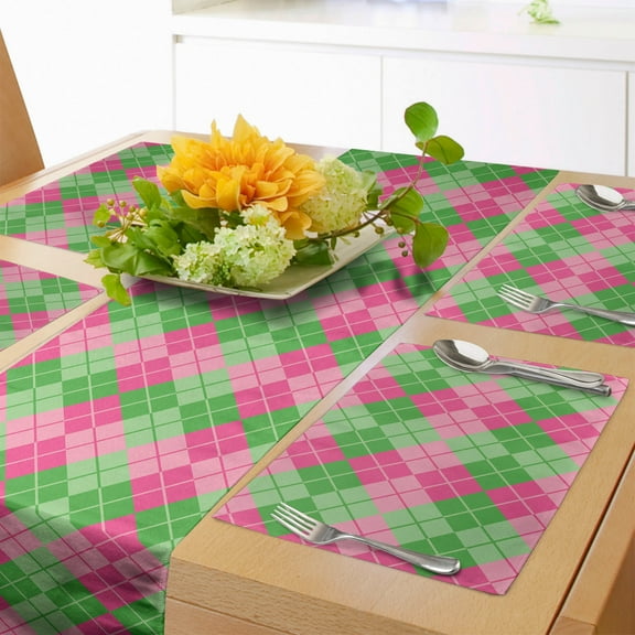 Ambesonne Abstract Table Runner & Placemats, Argyle Inspired Elements, Placemat 4 pcs + Runner 12"x72", Pink Lime Green