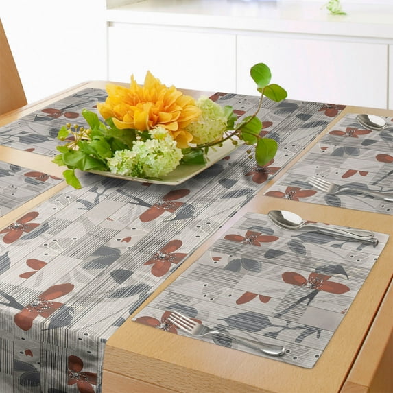 Ambesonne Abstract Table Runner & Placemats, Blooming Spring Plants, Placemat 4 pcs + Runner 16"x90", Dark Taupe Ruby
