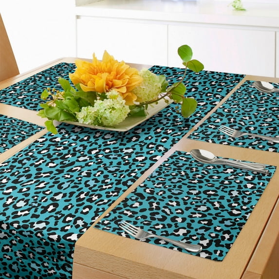 Ambesonne Abstract Table Runner & Placemats, Blue Leopard Skin Motif, Placemat 4 pcs + Runner 16"x72", Sea Blue and Charcoal Grey