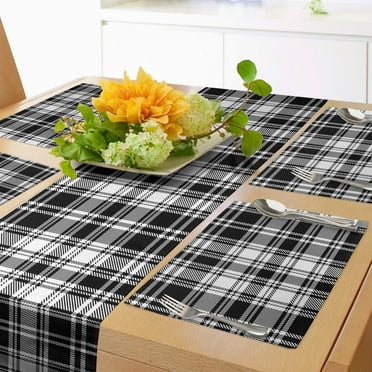 Ambesonne Abstract Table Runner & Placemats, British Tartan Pattern, Placemat 4 pcs + Runner 12"x72", White Black