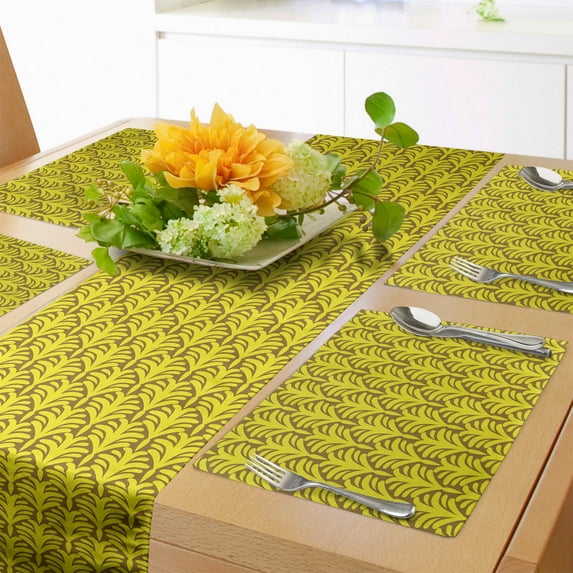 Ambesonne Abstract Table Runner & Placemats, Bush Inspired Motif, Placemat 4 pcs + Runner 14"x90", Pale Coffee Yellow