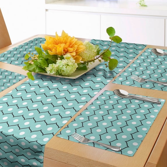 Ambesonne Abstract Table Runner & Placemats, Circles and Stripes, Placemat 4 pcs + Runner 16"x72", Seafoam Black White