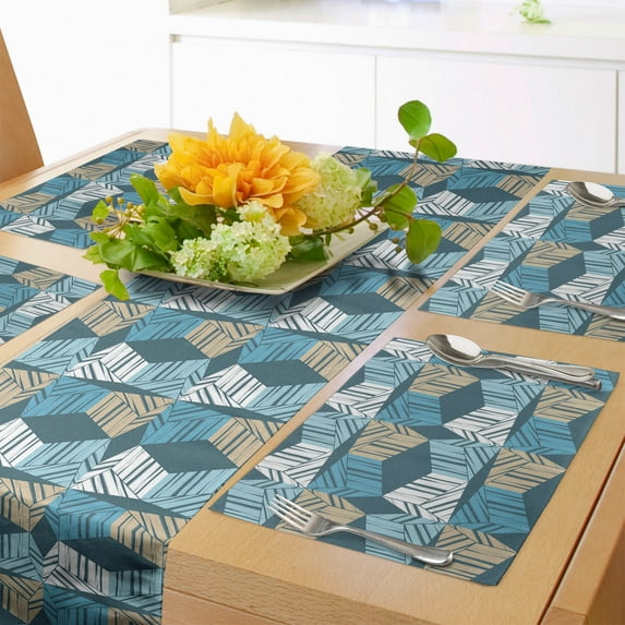 Ambesonne Abstract Table Runner & Placemats, Cold Colored Geometric Art, Placemat 4 pcs + Runner 16"x72", Ecru Slate Blue Teal