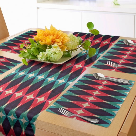 Ambesonne Abstract Table Runner & Placemats, Colorful Diamond Inspired, Placemat 4 pcs + Runner 12"x90", Indigo Multicolor