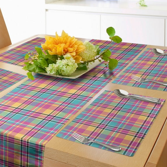Ambesonne Abstract Table Runner & Placemats, Colorful Tartan Plaid Art, Placemat 4 pcs + Runner 14"x72", Magenta Peach Turquoise