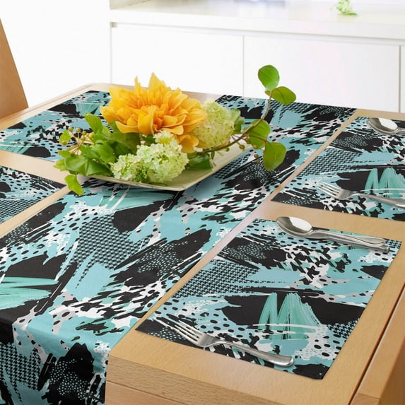 Ambesonne Abstract Table Runner & Placemats, Expressive Ink Pattern, Placemat 4 pcs + Runner 12"x90", Pale Blue Aqua