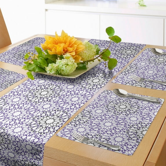 Ambesonne Abstract Table Runner & Placemats, Floral Themed Line Art, Placemat 4 pcs + Runner 16"x72", White and Violet