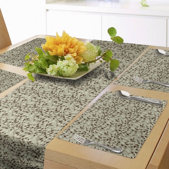 Ambesonne Abstract Table Runner & Placemats, Florals Bud Swirls, Placemat 4 pcs + Runner 16"x90", Brown and Khaki