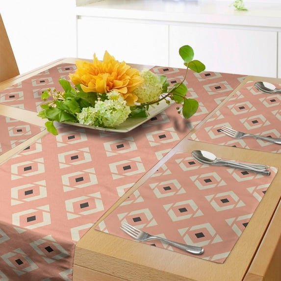 Ambesonne Abstract Table Runner & Placemats, Geometric Rhombus, Placemat 4 pcs + Runner 12"x72", Peach Champagne