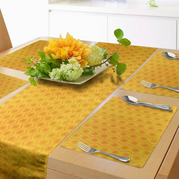 Ambesonne Abstract Table Runner & Placemats, Honeycomb Pattern Image, Placemat 4 pcs + Runner 16"x72", Marigold and Pale Orange