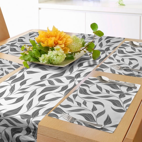 Ambesonne Abstract Table Runner & Placemats, Leaves on Vines Nature, Placemat 4 pcs + Runner 14"x90", Grey and White