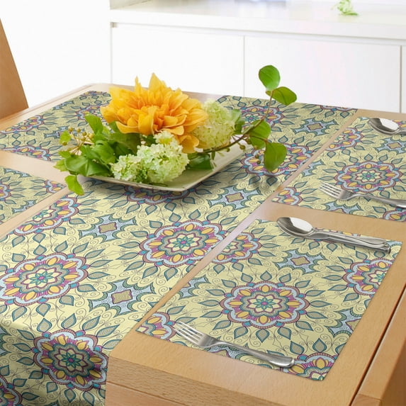 Ambesonne Abstract Table Runner & Placemats, Mandala Pattern Oriental, Placemat 4 pcs + Runner 12"x72", Pale Yellow and Multicolor