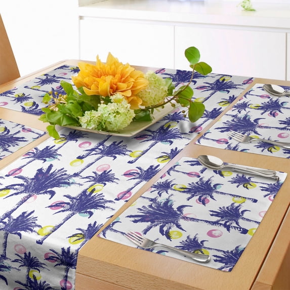 Ambesonne Abstract Table Runner & Placemats, Palms and Stroked Rounds, Placemat 4 pcs + Runner 12"x72", Dark Lavender Multicolor