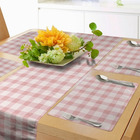 Ambesonne Abstract Table Runner & Placemats, Pastel Gingham Checkered, Placemat 4 pcs + Runner 14"x72", Pale Pink Rose