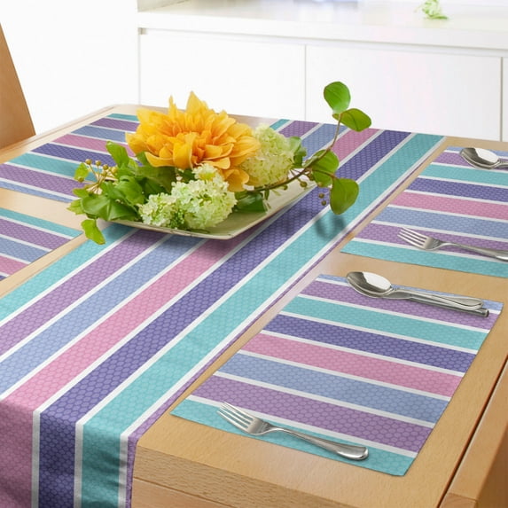 Ambesonne Abstract Table Runner & Placemats, Polka Dot with Stripes, Placemat 4 pcs + Runner 16"x90", Violet and Violet Blue