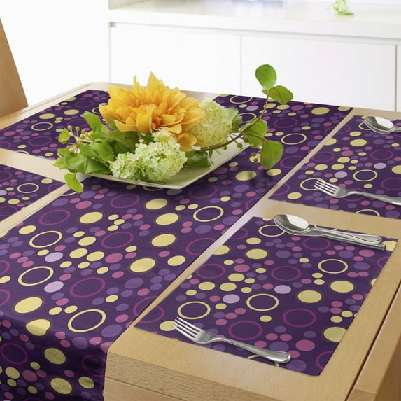 Ambesonne Abstract Table Runner & Placemats, Polka Dots and Circles, Placemat 4 pcs + Runner 14"x72", Purple Brown