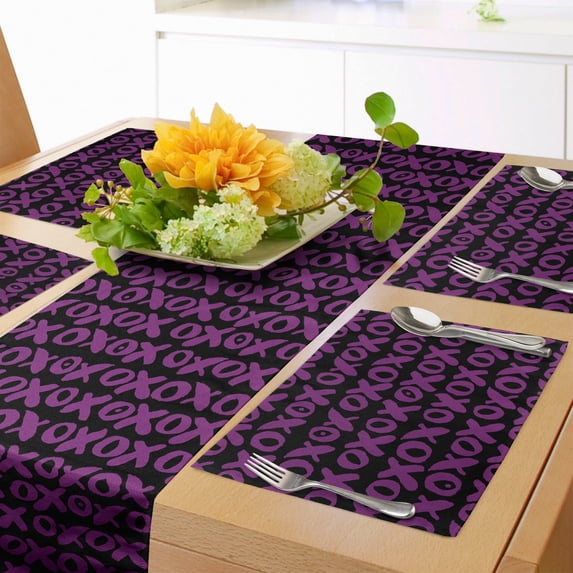 Ambesonne Abstract Table Runner & Placemats, Retro Funky Xoxo Lettering, Placemat 4 pcs + Runner 16"x90", Purple Black