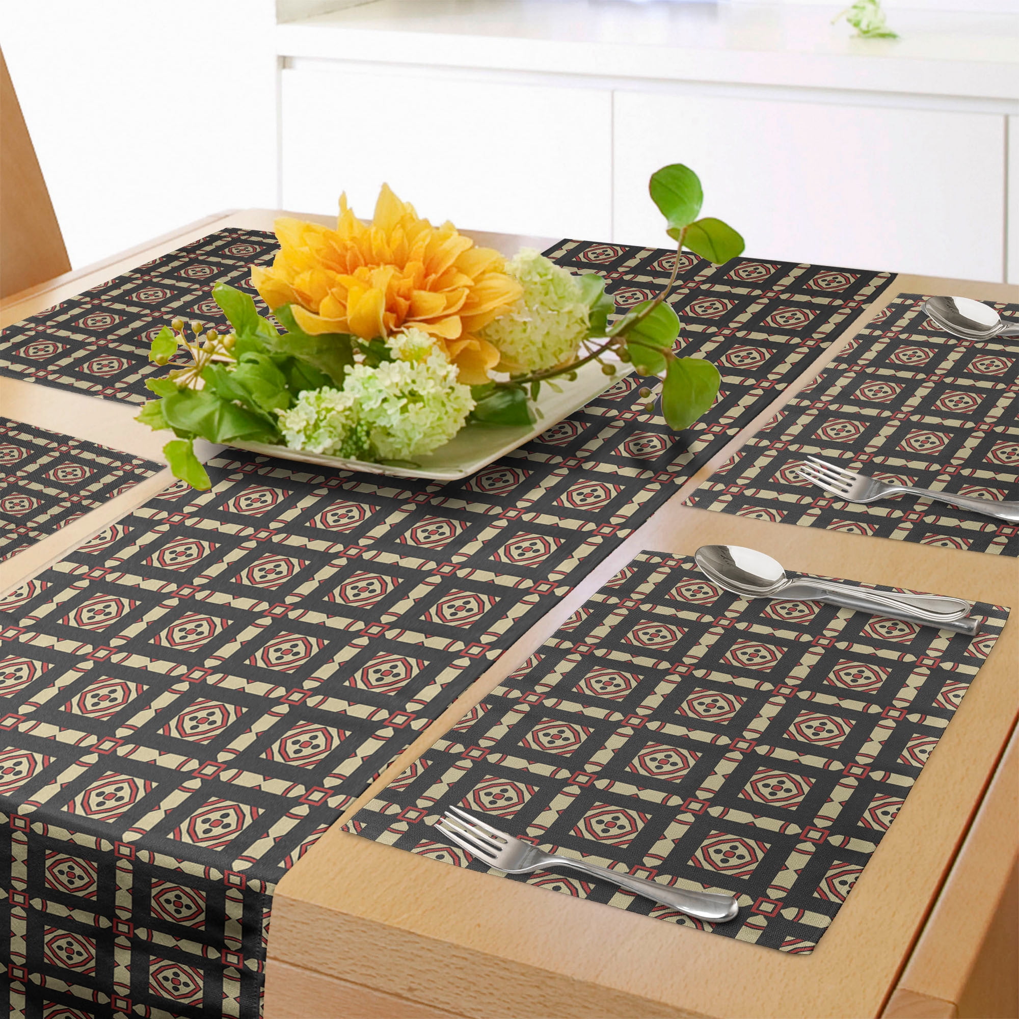 Ambesonne Abstract Table Runner & Placemats, Retro and Geometrical