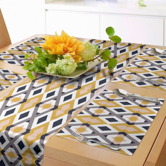 Ambesonne Abstract Table Runner & Placemats, Rhombuses Infinity, Placemat 4 pcs + Runner 16"x72", Earth Yellow Taupe Grey