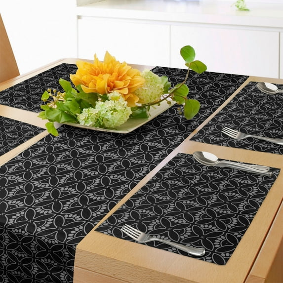 Ambesonne Abstract Table Runner & Placemats, Round Curved Petal Shapes, Placemat 4 pcs + Runner 12"x90", Charcoal Grey and Dimgray