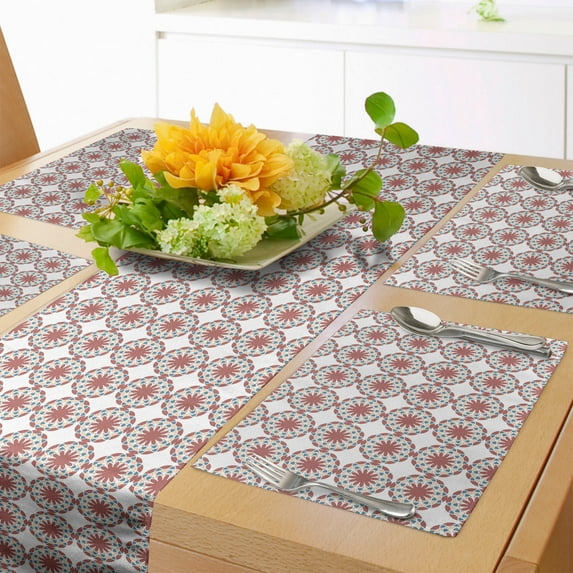 Ambesonne Abstract Table Runner & Placemats, Rounded Vintage Elements, Placemat 4 pcs + Runner 14"x90", Sea Blue Pale Rust