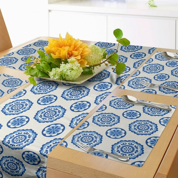 Ambesonne Abstract Table Runner & Placemats, Scandinavian Style Floral, Placemat 4 pcs + Runner 12"x72", Ivory Cobalt Blue
