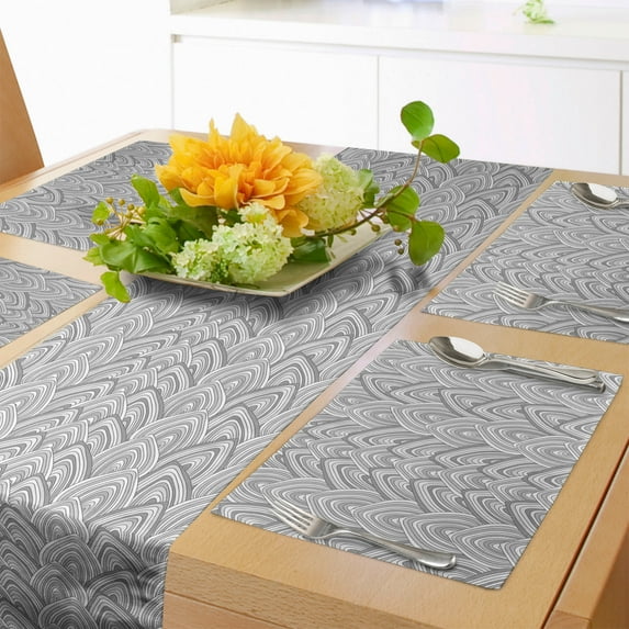 Ambesonne Abstract Table Runner & Placemats, Simple Greyscale Doodle, Placemat 4 pcs + Runner 14"x72", Pale Taupe Grey