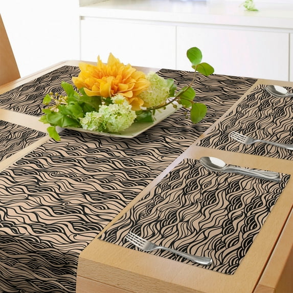Ambesonne Abstract Table Runner & Placemats, Tangled Swirl Waves Art, Placemat 4 pcs + Runner 16"x72", Peach and Charcoal Grey