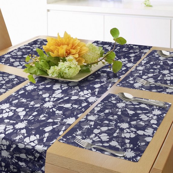 Ambesonne Abstract Table Runner & Placemats, Tie-Dye Shibori Sunburst, Placemat 4 pcs + Runner 12"x72", Indigo and White