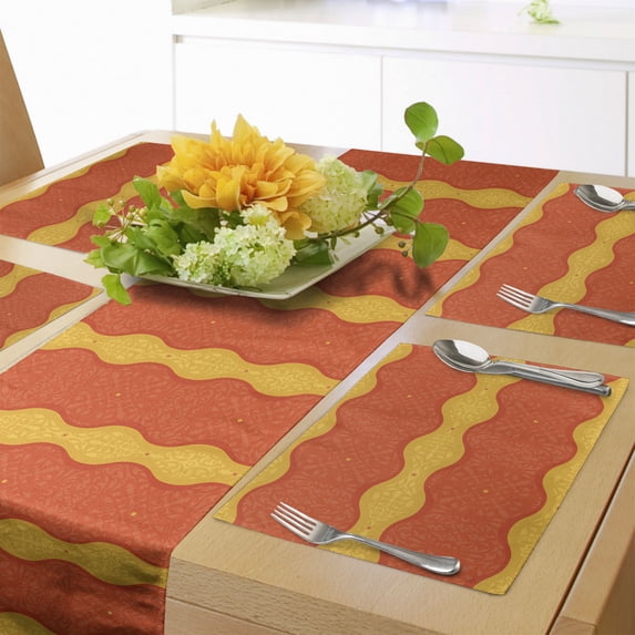 Ambesonne Abstract Table Runner & Placemats, Victorian Ornaments Art, Placemat 4 pcs + Runner 16"x72", Vermilion Earth Yellow